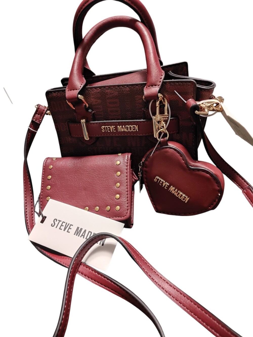 Steve Madden Burgundy Bvelma Mini Satchel Set with Heart Coin Charm, NWT